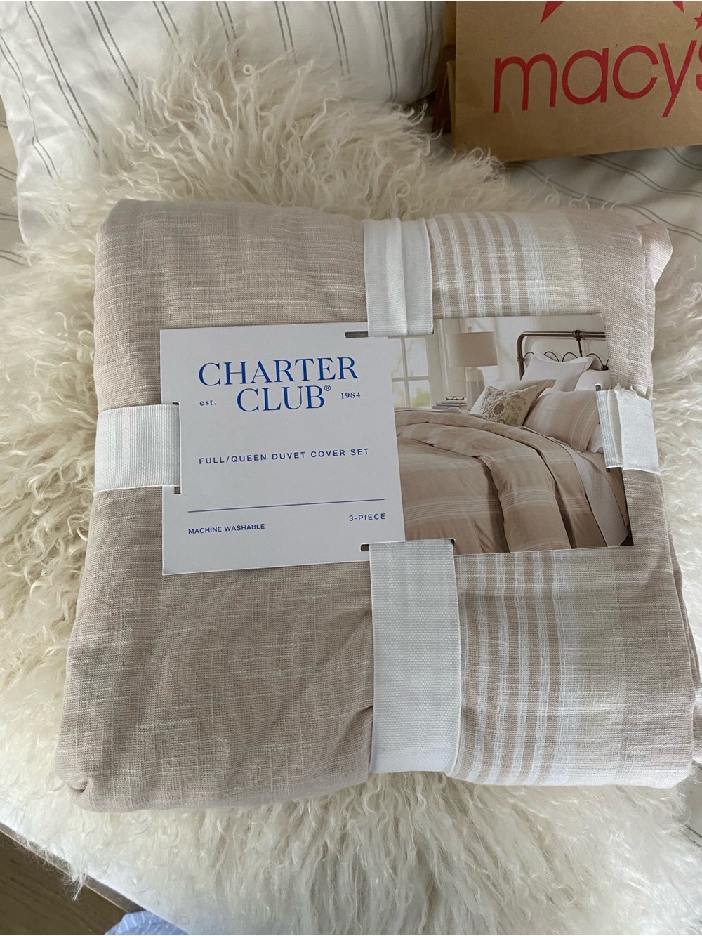 Charter Club Cotton Linen Neutral Beige Striped Full/Queen Duvet Cover Set
